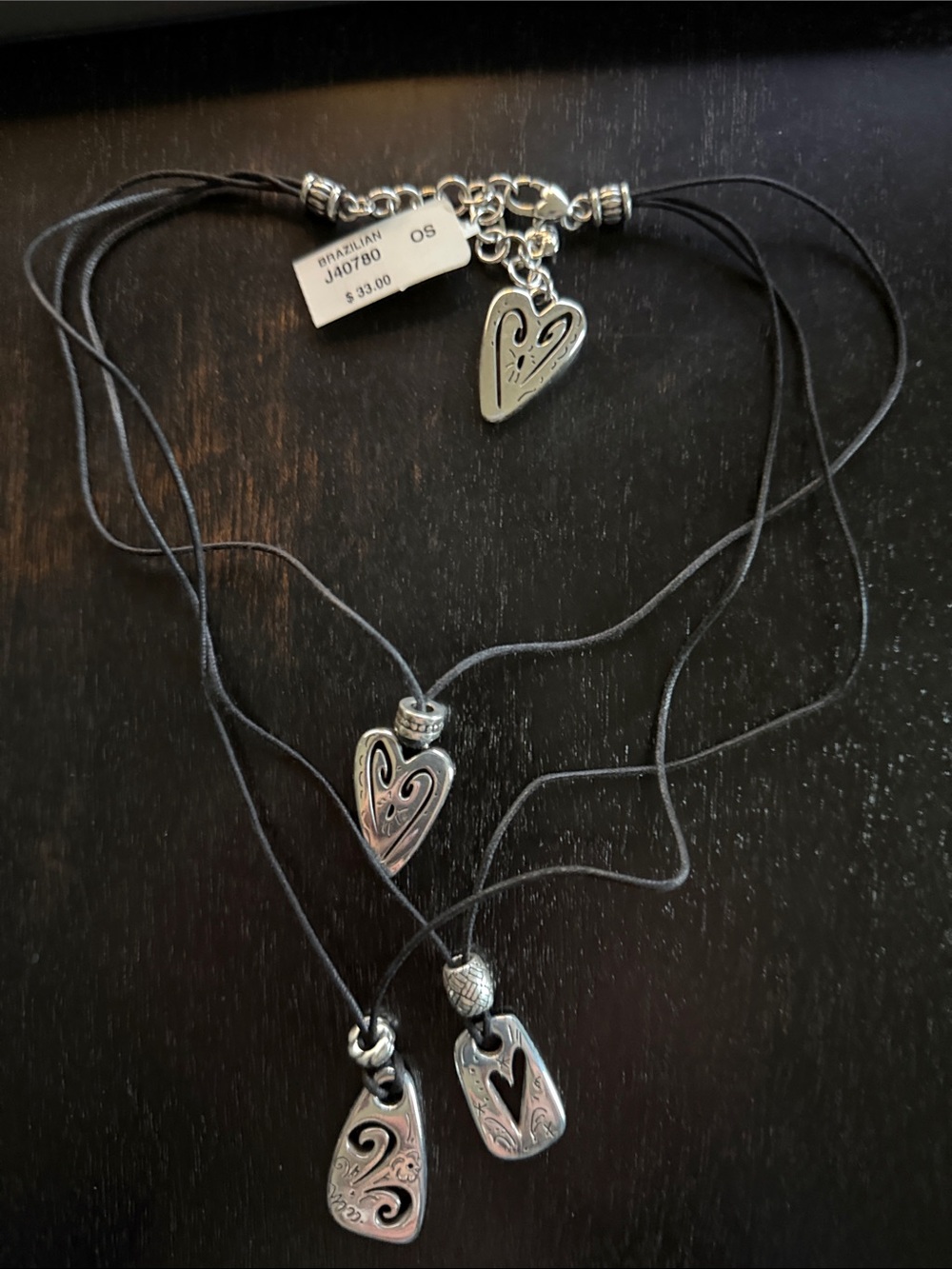 NWT - Silver Heart Pendant Layered Necklace - Black Cord